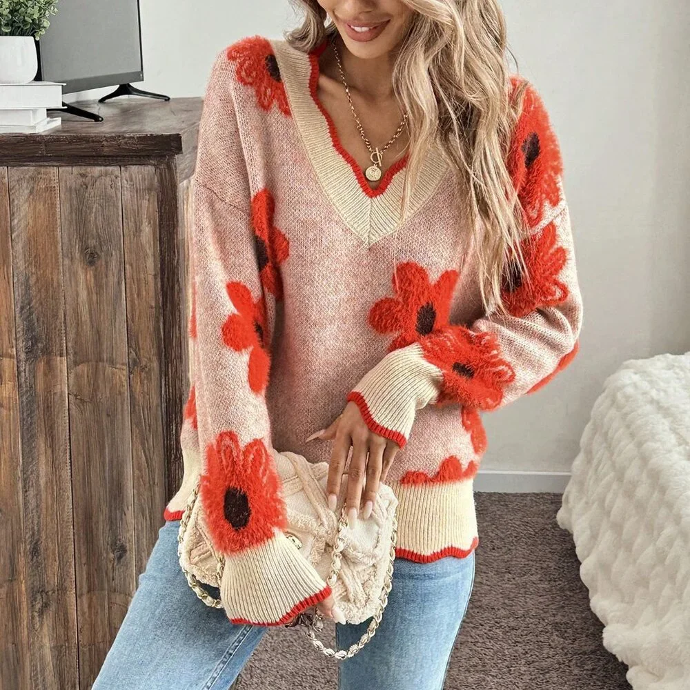 Multicolor Casual Women's 3d Floral & Cute Long Sleeve Warm Sweater - Picture 6 of 7